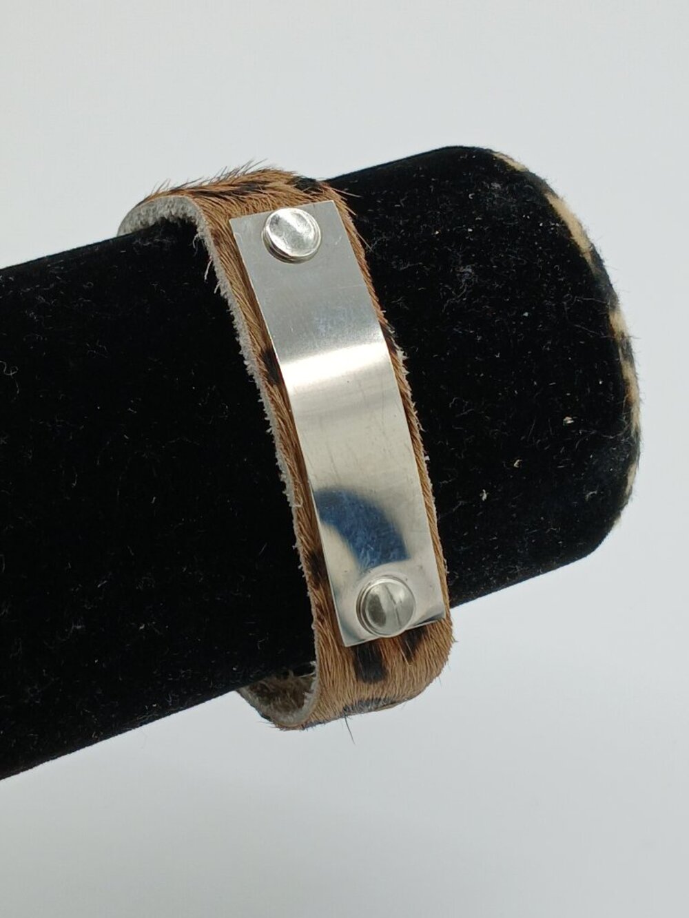 0163 Leopard Print Hair On Calf Leather Cuff Metal ID Plate Bracelet